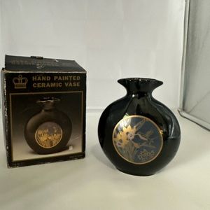 Deville Hand Painted Ceramic Vase Black Floral Bird